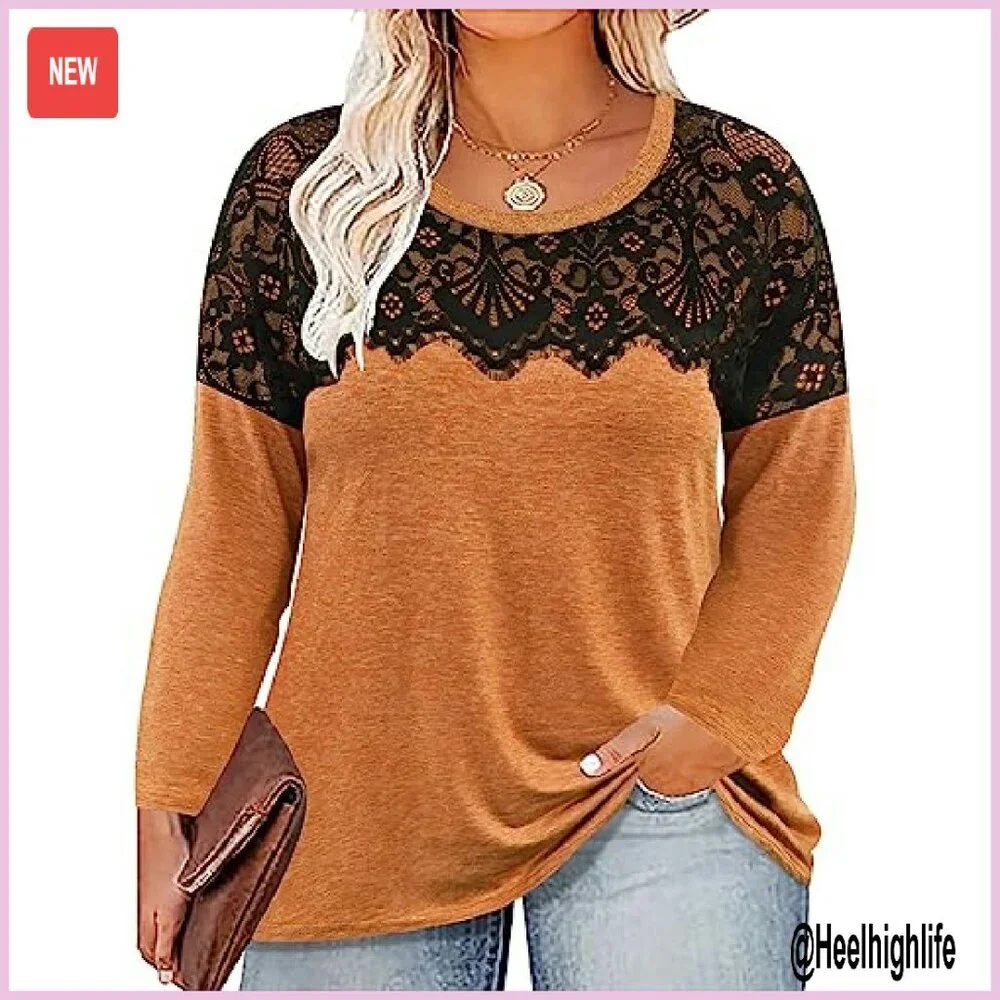 Plus Size Long Sleeve Lace Tunic Top Lightweight Sweatshirt Pullover XL-5XL